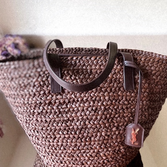 Saint Laurent Logo Raffia Tote chocolate and leather. - Picture 1 of 7